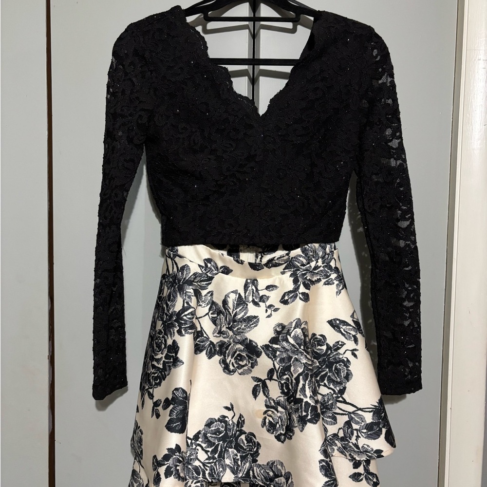 City Studio Black and White Long Sleeve Sweetheart Dress
